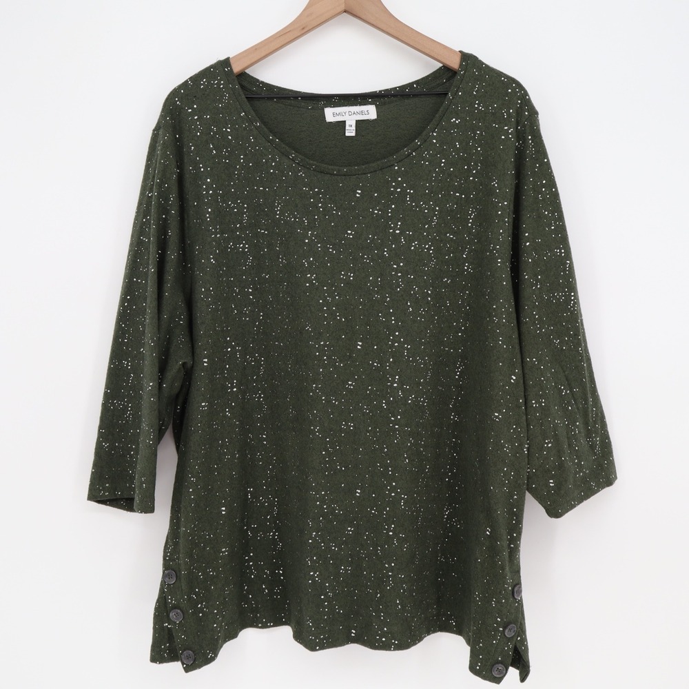 Emily Daniels Top Womens 1X Pullover Green Silver Metallic Fleck 3/4 Sleeve Excl